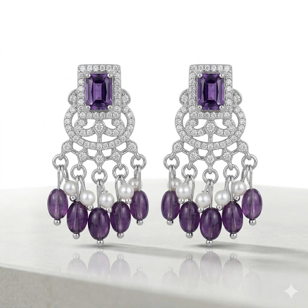Purple Crystal & Pearl Drop Jhumka Earrings – Silver Plated