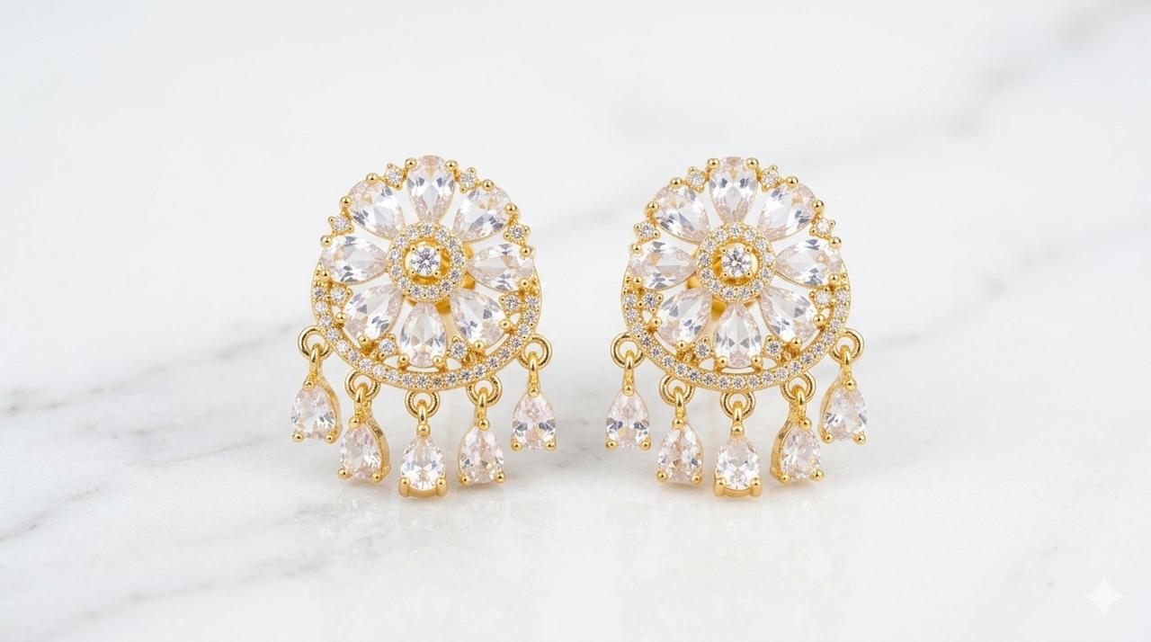 Elegant Gold-Plated Zircon Drop Chandbali Earrings