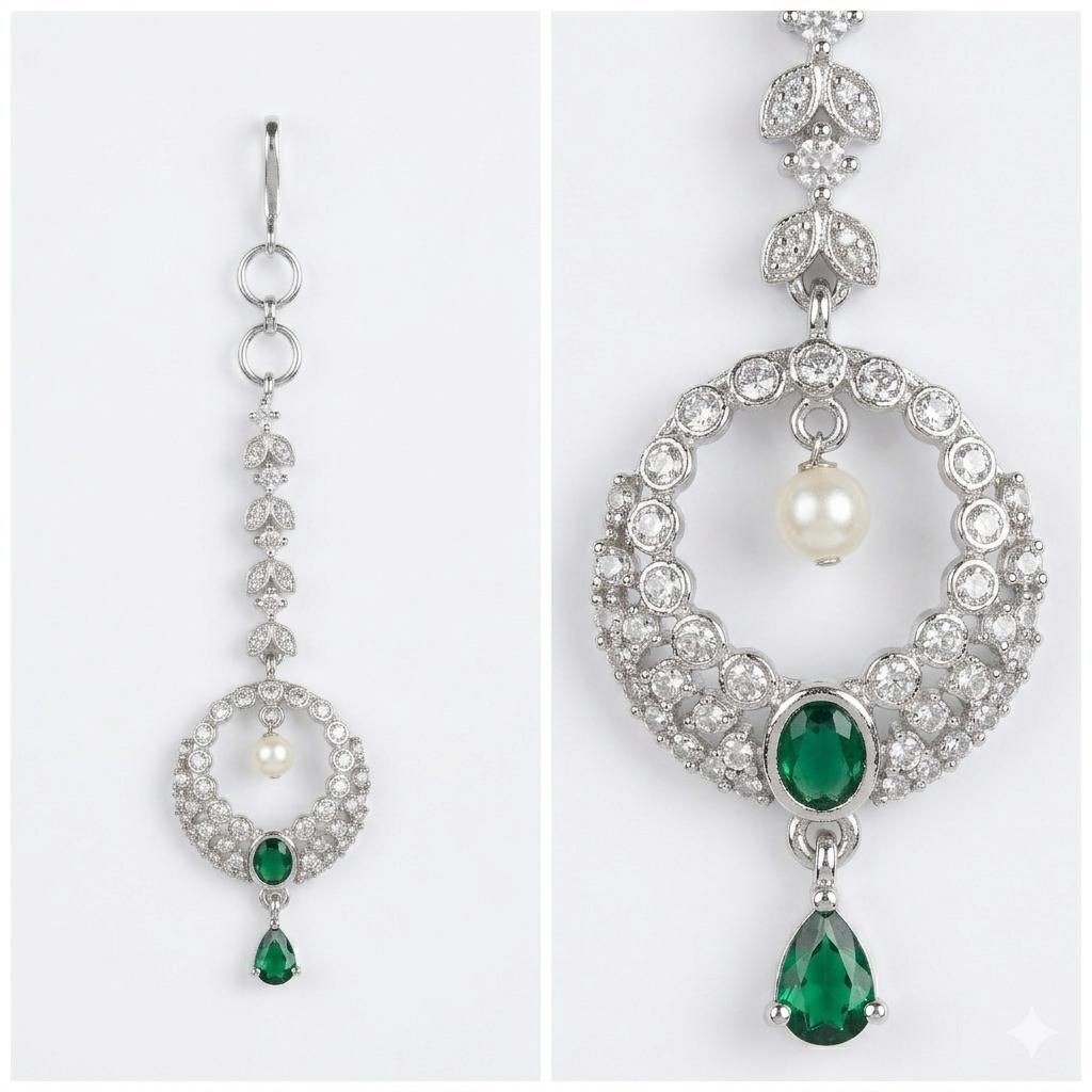 Green Stone Bindia – Elegant Traditional Forehead Jewelry