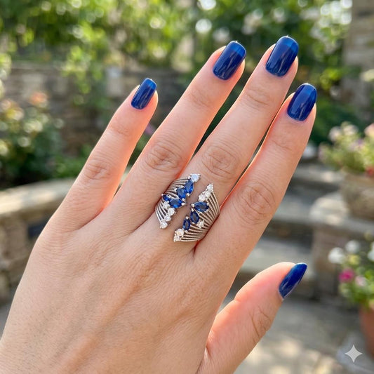 Blue Sapphire Stone Ring – Elegant Silver Plated Zircon Ring for Women