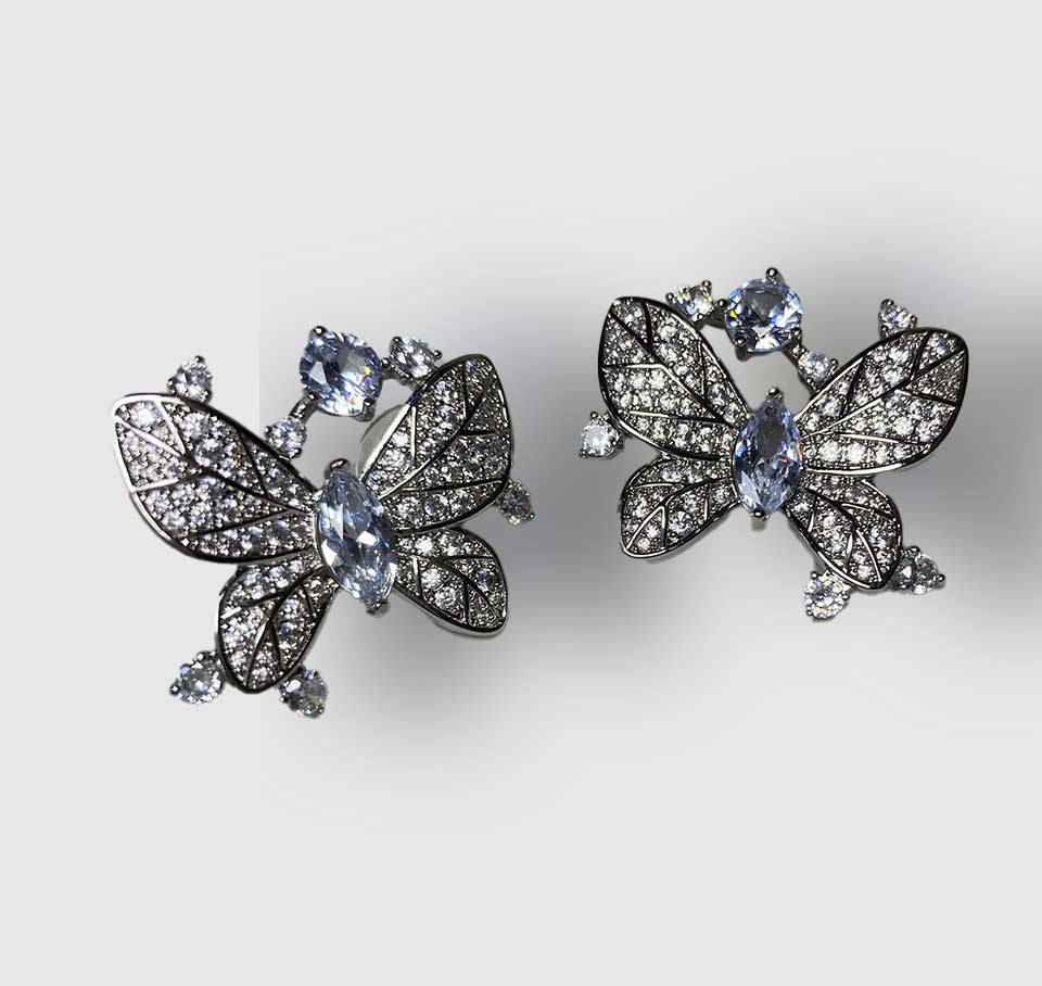 Luxury Crystal Butterfly Stud Earrings – Silver Blue Statement Design