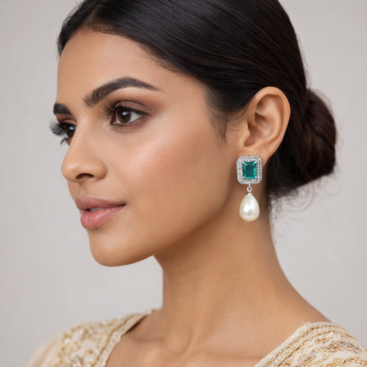 Emerald Cut Crystal & Pearl Drop Earrings – Luxury Statement Design