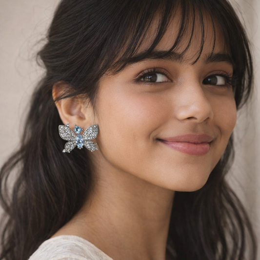 Luxury Crystal Butterfly Stud Earrings – Silver Blue Statement Design