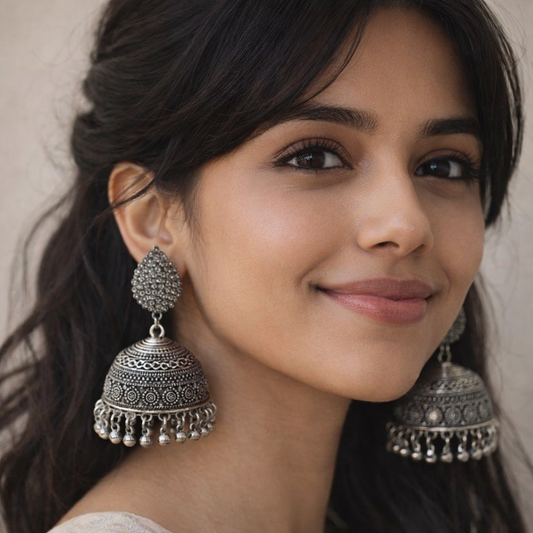 Oxidized Silver Traditional Jhumka Earrings – Vintage Ethnic Statement