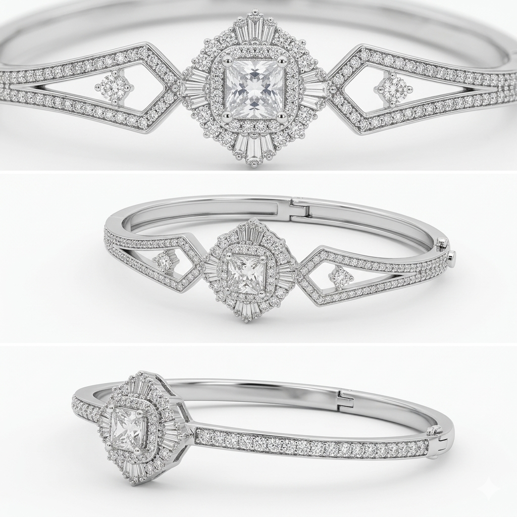 Elegant Silver Stone Bangle – Luxury Statement Design