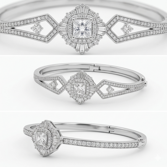 Elegant Silver Stone Bangle – Luxury Statement Design