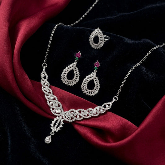 Silver Plated Pendant Set with Ring for Women – Elegant Jewellery Set