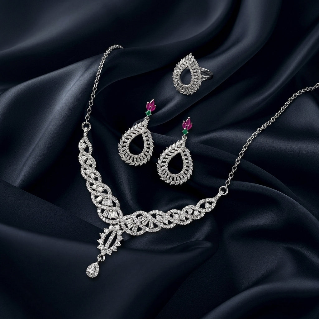 Silver Plated Pendant Set with Ring for Women – Elegant Jewellery Set