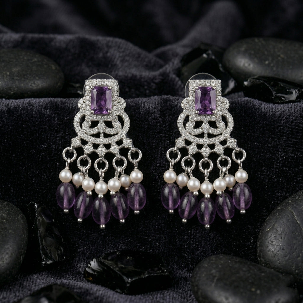 Purple Crystal & Pearl Drop Jhumka Earrings – Silver Plated