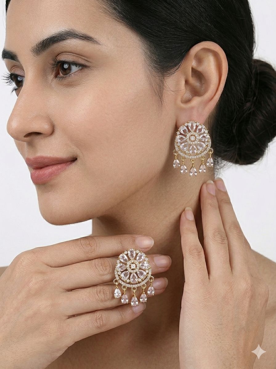 Elegant Gold-Plated Zircon Drop Chandbali Earrings