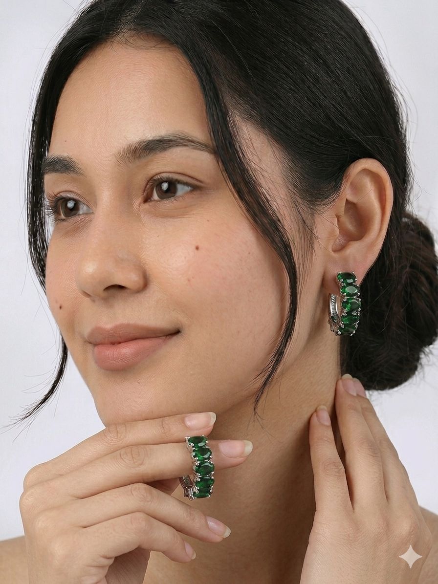 Emerald Green Stone Bali Earrings – Gold Plated Elegance