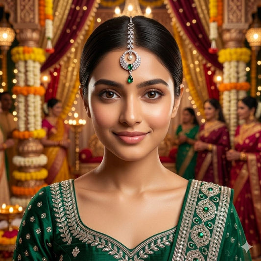 Green Stone Bindia – Elegant Traditional Forehead Jewelry