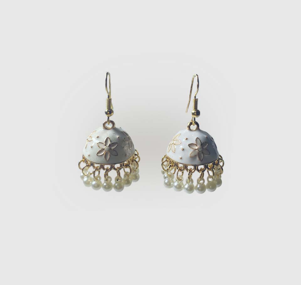 Elegant White Meena Jhumka Earrings